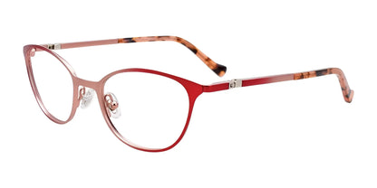 The EasyClip EC548 Eyeglasses in size 46 for kids boast elegant red cat-eye frames with tortoiseshell arms and comfortable nose pads, all showcased beautifully against a white background.