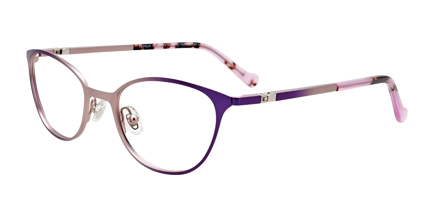 The EasyClip EC548 Eyeglasses for children showcase thin metal frames in shades of purple and pink, complemented by clear nose pads, all presented on a clean white background.