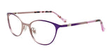 The EasyClip EC548 Eyeglasses in size 46 boast a stylish yet playful design for kids, featuring purple and pink hues, a thin metal frame, and patterned temple arms.