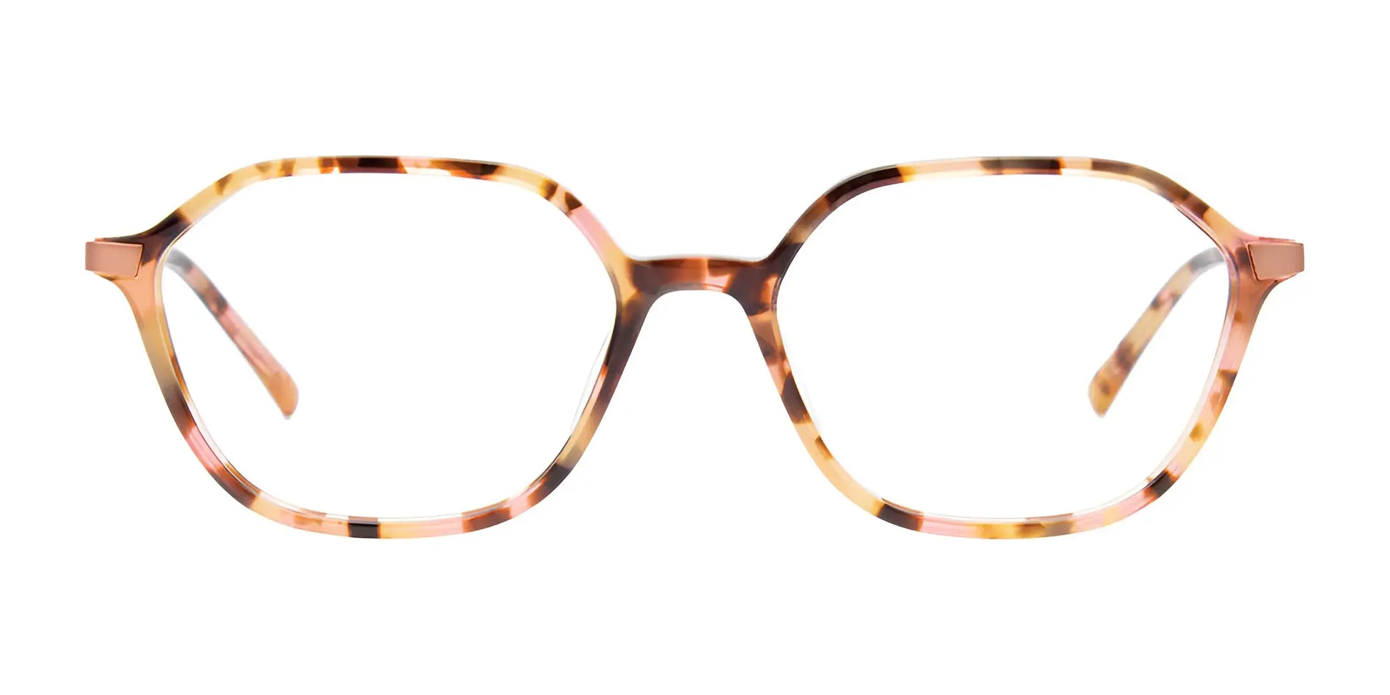 The EasyClip EC550 eyeglasses in size 52 feature a chic tortoiseshell hexagonal design with a pinkish-brown pattern, elegantly showcased against a white background. These frames by EasyClip combine style and practicality with clip-on sunglasses that provide UV protection.