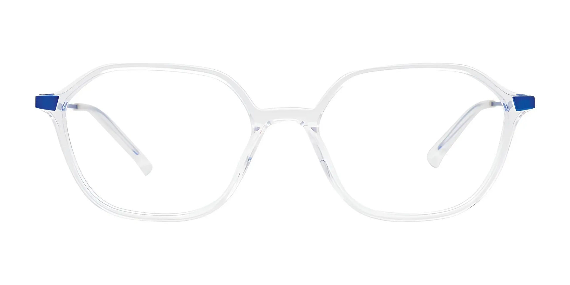 EasyClip EC550 Eyeglasses featuring hexagonal frames and blue temple tips, displayed on a white background.