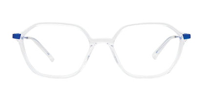 EasyClip EC550 Eyeglasses featuring hexagonal frames and blue temple tips, displayed on a white background.