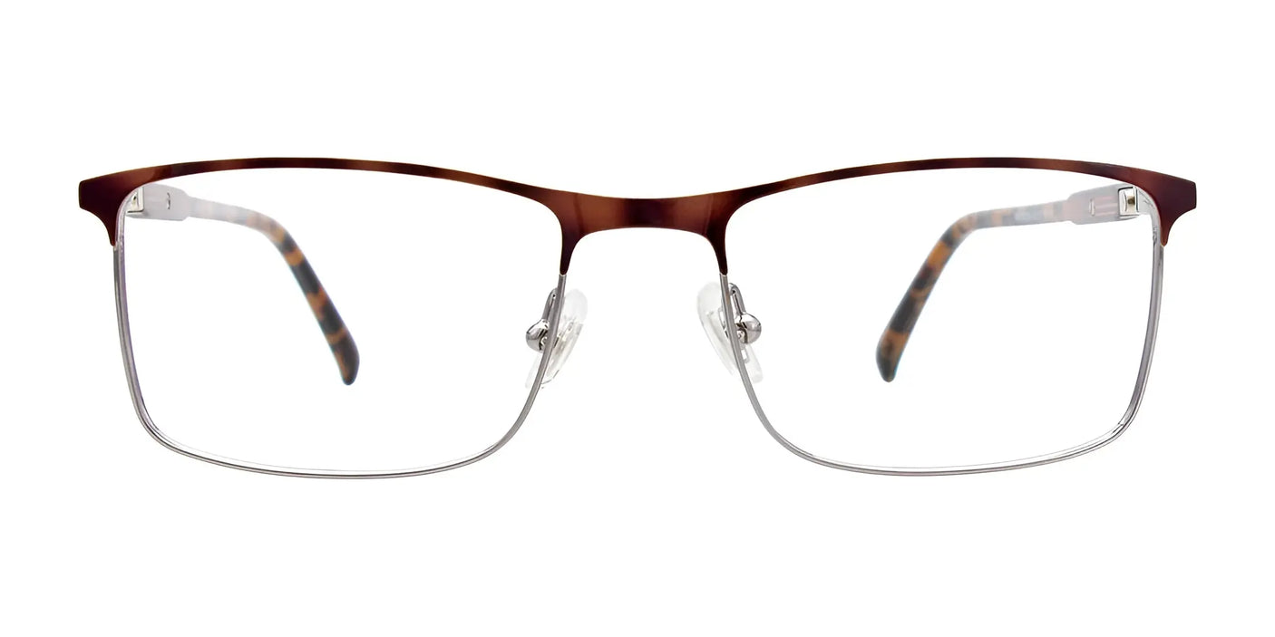 The EasyClip EC554 Eyeglasses | Size 50 from EasyClip feature slim brown and silver rectangular frames paired with intricately designed temple arms, radiating elegance. These prescription-ready glasses combine style and practicality against a clean white background.