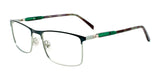 Explore the EasyClip EC554 Eyeglasses, crafted for luxury and prescription readiness. This pair of rectangular eyeglasses features a slim metal frame adorned with sophisticated green and brown accents, along with adjustable nose pads for superior comfort. Available in size 50 from EasyClip.