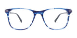 Displayed on a crisp white background, the luxurious EasyClip EC555 Eyeglasses in size 48 feature a blue rectangular frame with sleek black arms.