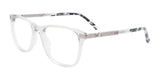 The EasyClip EC555 Eyeglasses, available in size 48, showcase luxury glasses with clear square frames and durable metal hinges, complemented by sleek transparent arms. The Crystal & Matt Silver design reflects sophistication and style.