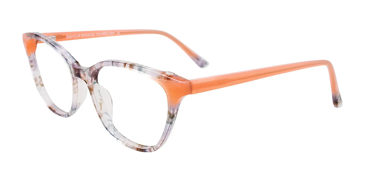 Light coral and crystal light grey marble-patterned eyeglasses by EasyClip, featuring a chic cateye shape and an adaptable clip-on sunglasses attachment for effortless transitions, under the EasyClip EC556 model in size 53.