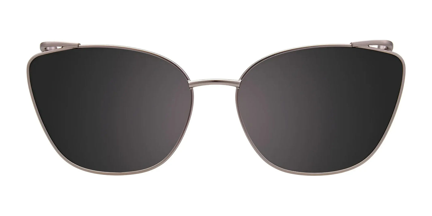 Modern and minimalist EasyClip EC556 clip-on sunglasses attachment in sleek black and silver, featured on a white backdrop.