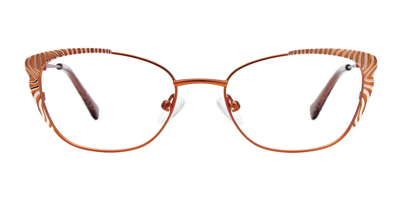 The EasyClip EC557 Eyeglasses, featuring a stylish brown cat-eye design with intricate temple details and translucent nose pads, are prescription-ready frames crafted for those who value both fashion and functionality.