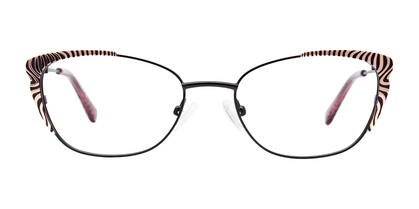 The EasyClip EC557 Eyeglasses with Clip-on Sunglasses, featuring thin black frames and striped pink accents on the sides, are a standout piece in our eyewear collection.