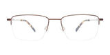 The EasyClip EC560 Eyeglasses, featuring rectangular lenses in a brown semi-rimless design with tortoiseshell-patterned temples and a convenient clip-on sunglasses attachment, are elegantly displayed against a white background.