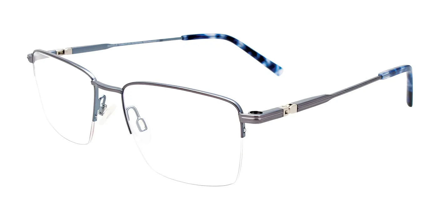 EasyClip EC560 eyeglasses in a silver half-rim design feature thin, metallic blue temples and rectangular lenses with an optional clip-on sunglasses attachment for enhanced versatility. Size 53.