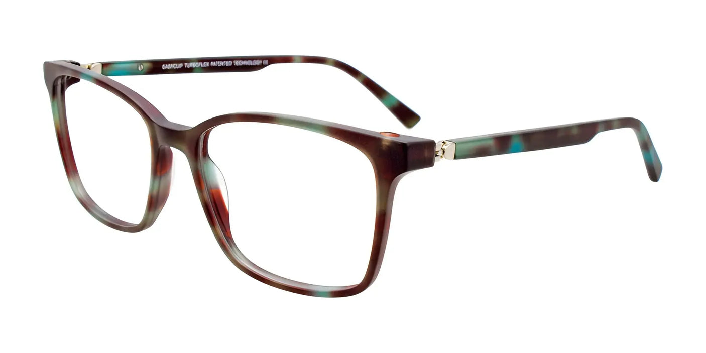 The EasyClip EC564 eyeglasses, available in size 55, showcase a captivating combination of brown, teal, and red hues on the rectangular tortoiseshell frame and can be paired with polarized clip-on sunglasses for adaptable style.