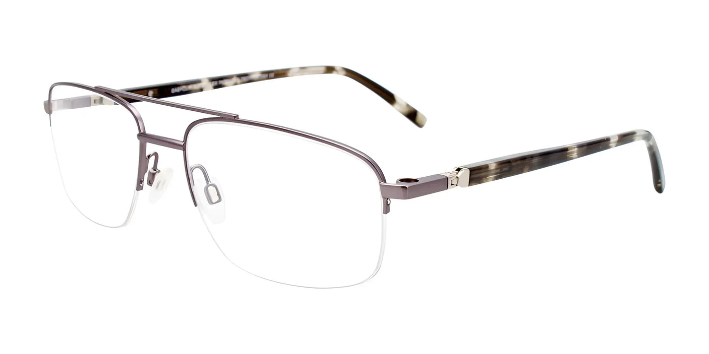 Discover the EasyClip EC565 Eyeglasses, offering a sleek minimalist luxury with a thin metal frame and a semi-rimless design. These eyeglasses feature patterned temples and include convenient clip-on sunglasses for versatile style. Available in size 57 from EasyClip.