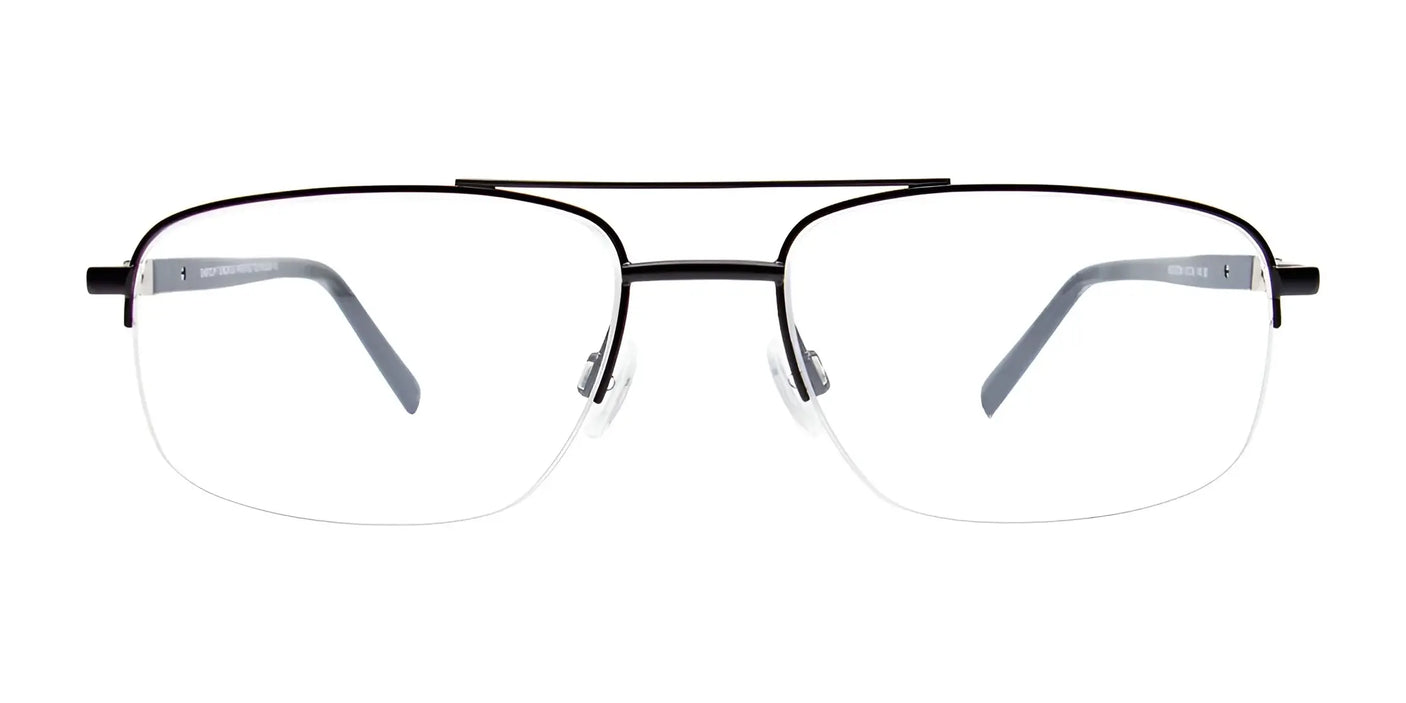 Front view of EasyClip EC565 eyeglasses with black-rimmed rectangular lenses and a double bridge, showcasing EasyClip eyewear technology, on a plain white background.