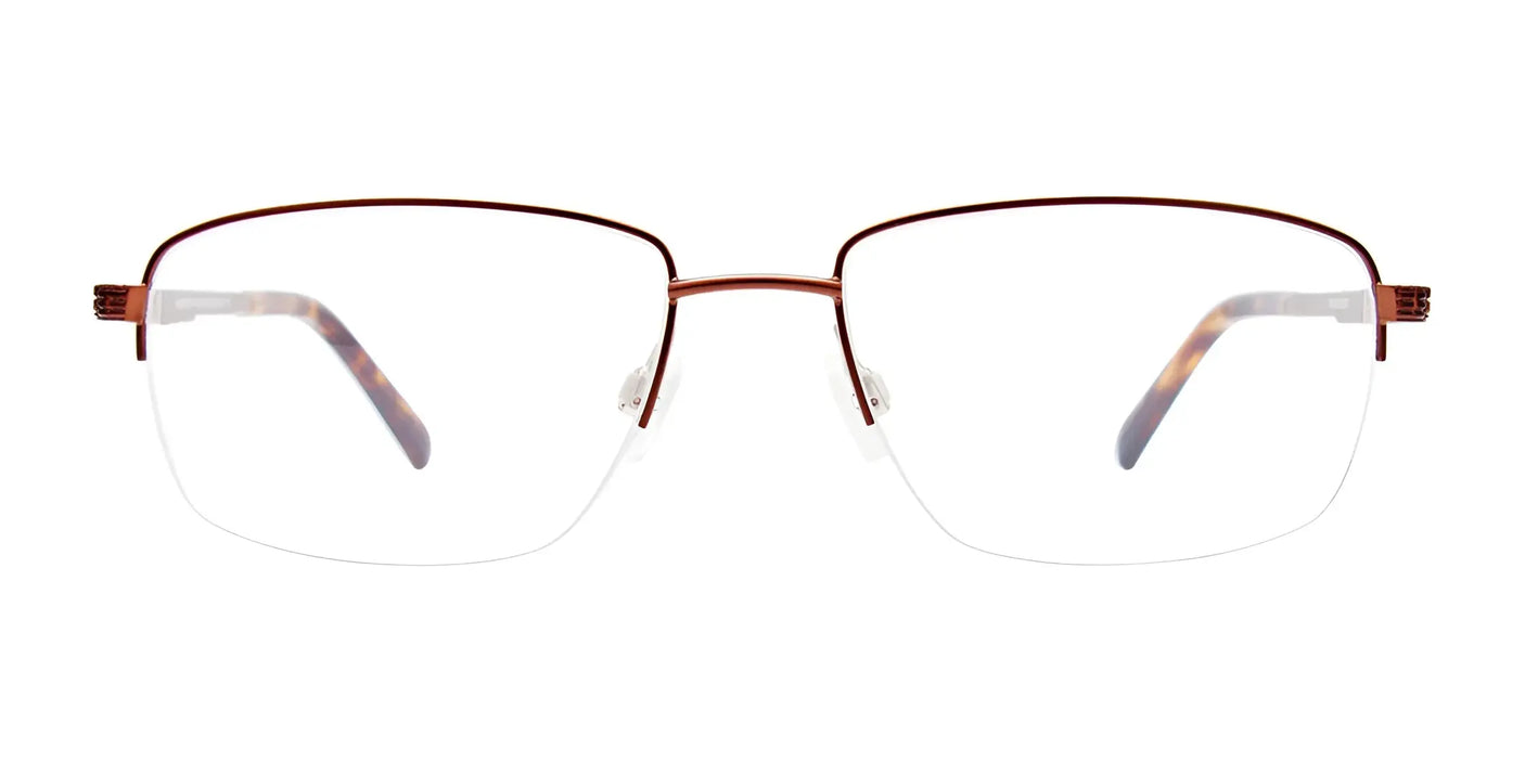 The EasyClip EC567 Eyeglasses with Clip-on Sunglasses, boasting a sleek brown rectangular design and slim frame, are showcased elegantly on a white background.