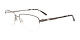 The EasyClip EC567 Eyeglasses by EasyClip, featuring a brown rectangular frame with textured arms and clear lenses set against a white background, effortlessly transform into chic clip-on sunglasses that provide UV protection, offering unmatched versatility.