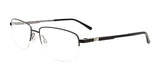 The EasyClip EC567 Eyeglasses feature a sleek rimless design with black arms and include clip-on sunglasses for optimal eye safety, complete with UV protection.