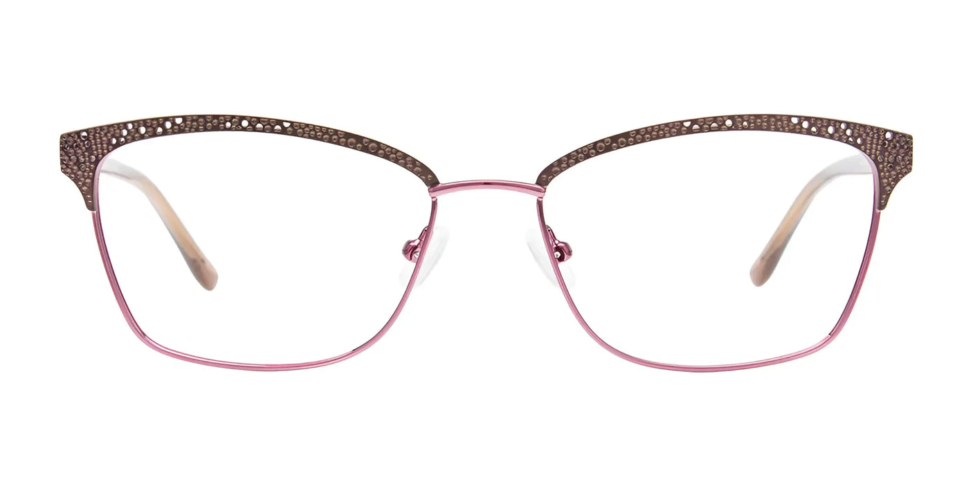 The EasyClip EC570 Eyeglasses with Clip-on Sunglasses offer a versatile style, featuring purple cat-eye frames with embellished brown top rims and a convenient clip-on design.