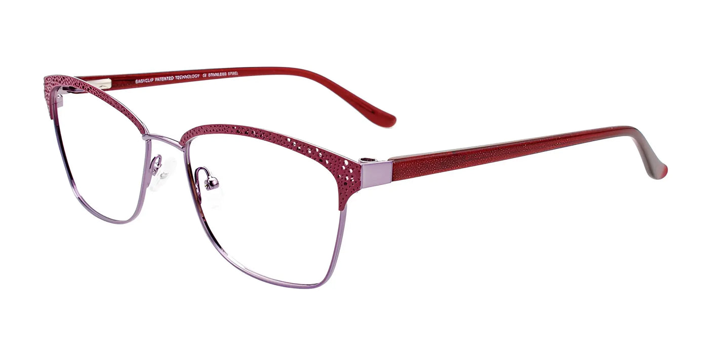 The EasyClip EC570 eyeglasses in red and silver boast intricately patterned frame sides, merging style seamlessly with functionality.