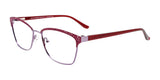 The EasyClip EC570 eyeglasses in red and silver boast intricately patterned frame sides, merging style seamlessly with functionality.