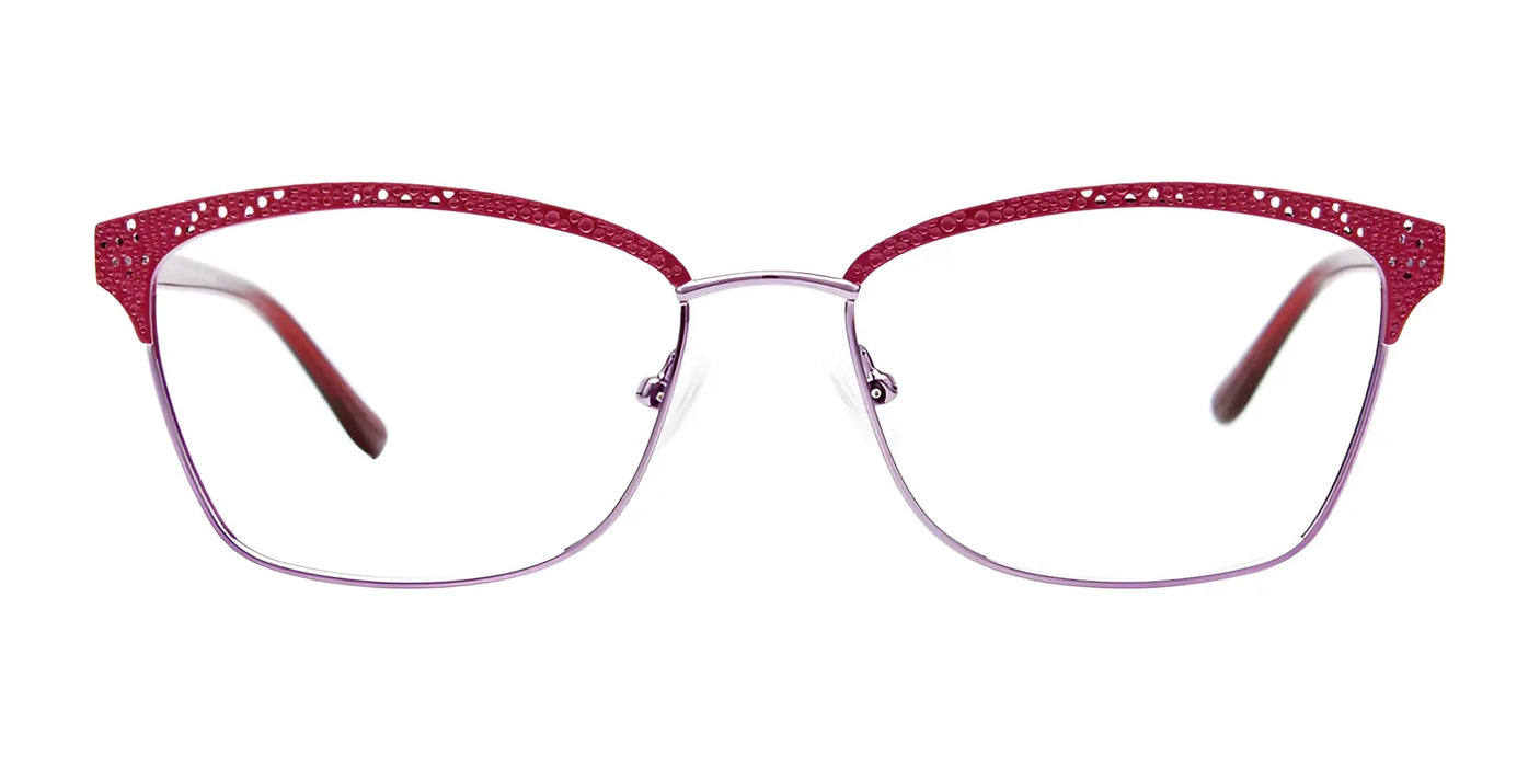 Elegant EasyClip EC570 Eyeglasses in red and silver, featuring a lace pattern along the top rim, displayed against a pristine white background.