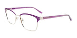 Matt purple and shiny silver EasyClip EC570 Eyeglasses, featuring patterned frames and a sleek design, showcased against a white background.