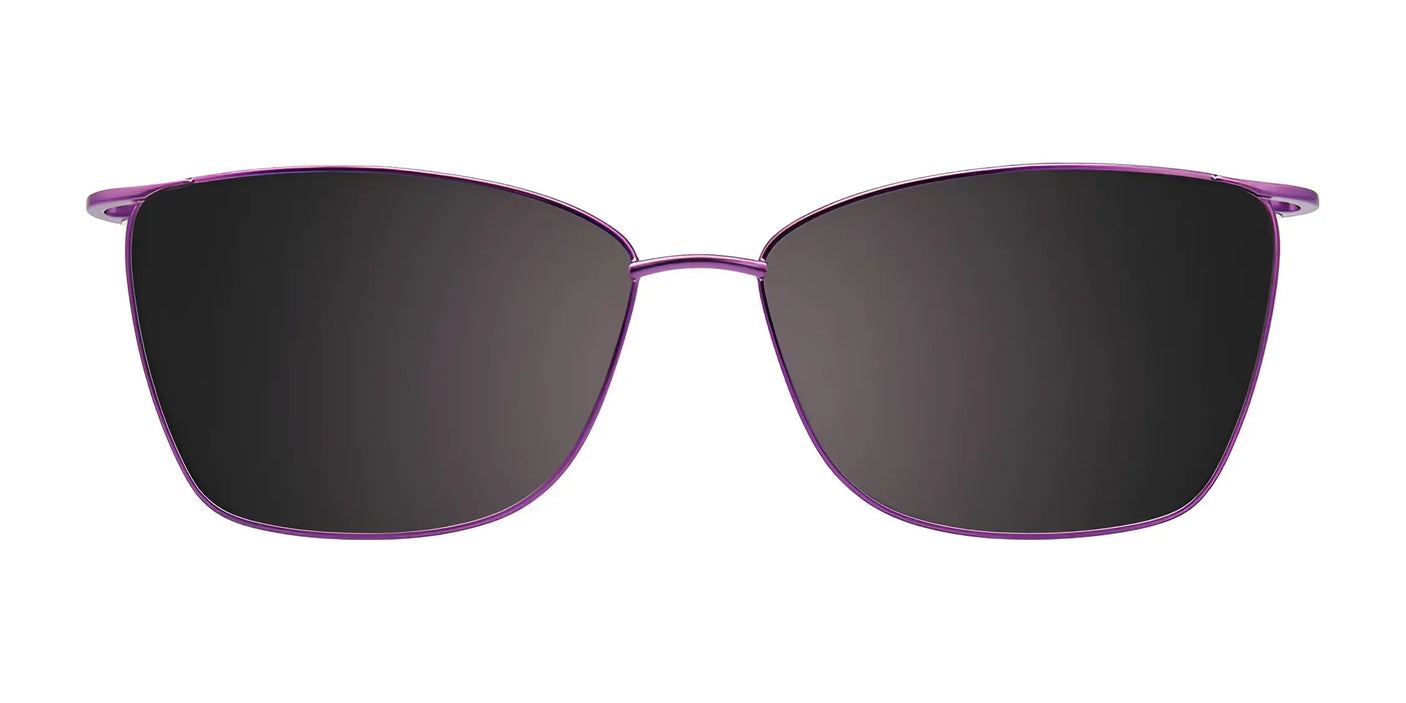 EasyClip EC570 eyeglasses with clip-on sunglasses in purple frames and dark lenses, displayed from the front on a white background.