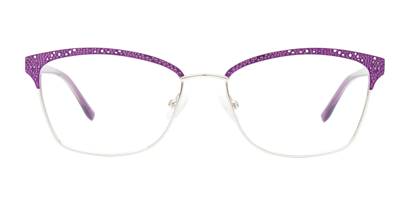 The EasyClip EC570 Eyeglasses, available in size 56, feature purple cat-eye lenses with a silver frame and textured upper rims. These eyeglasses include a convenient clip-on sunglasses option for a versatile style.