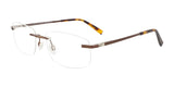 Rimless EasyClip EC572 Eyeglasses, featuring brown metal arms and tortoiseshell tips, displayed on a white background; seamlessly compatible with the clip-on sunglasses accessory.