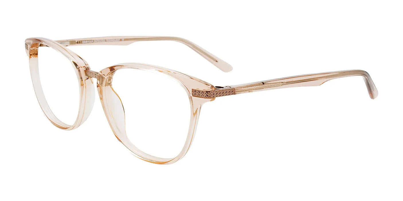 The EasyClip EC576 eyeglasses feature a clear, light beige color with rectangular frames and thin temples. These eyeglasses come with a clip-on design that allows for easy transition to polarized sunglasses, all shown against a white background.