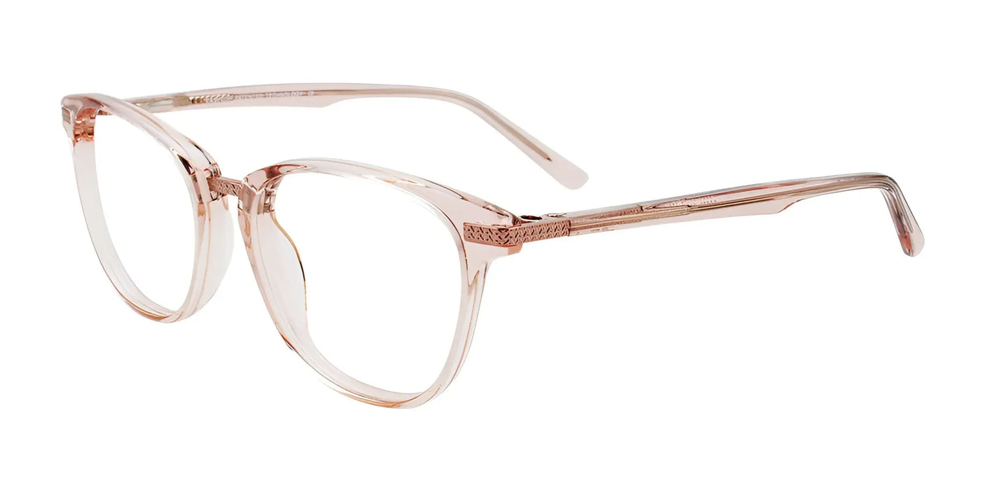 The EasyClip EC576 Eyeglasses, sized 51, offer transparent pink square frames with subtle decorative details on the temples and feature an innovative design that allows for easy transition between clear lenses and polarized clip-on sunglasses.