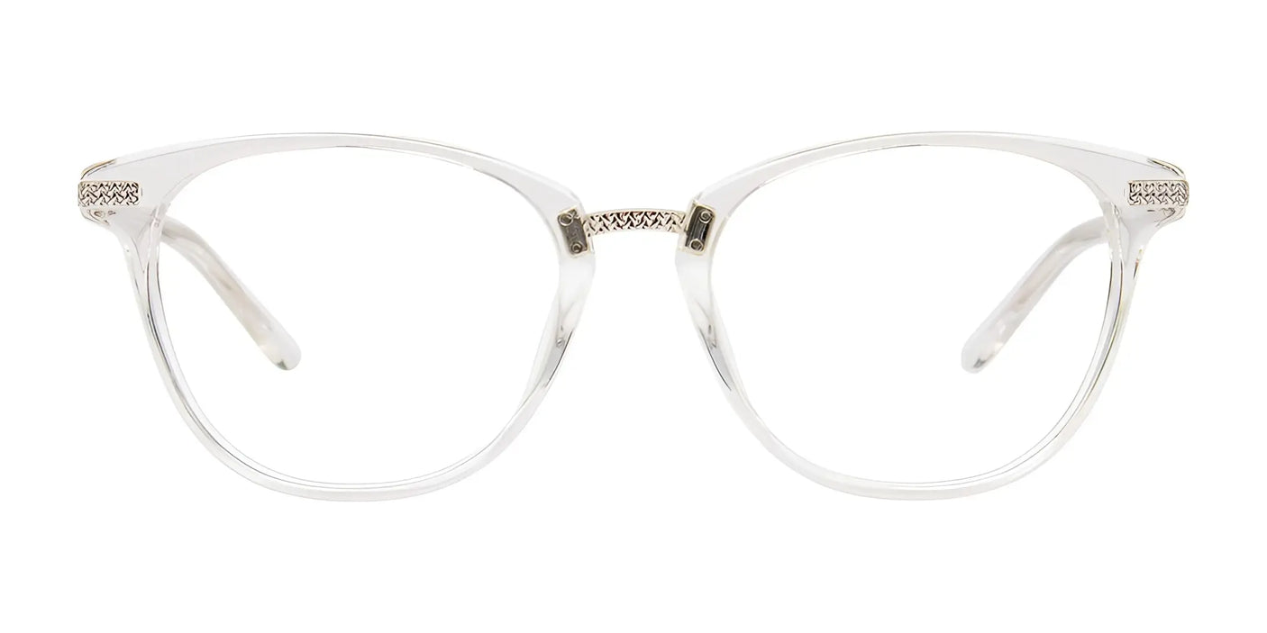 The EasyClip EC576 eyeglasses, featuring crystal clear frames with decorative silver accents on the temples and a handy clip-on design, are displayed from the front.