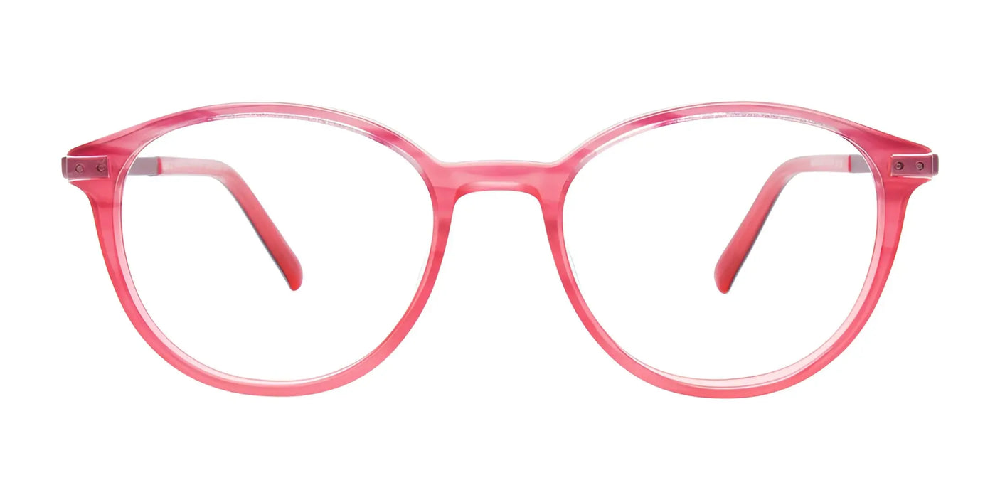 The EasyClip EC581 Eyeglasses in size 45 showcase pink round translucent frames from the front, providing a durable design that is ready for prescription lenses.