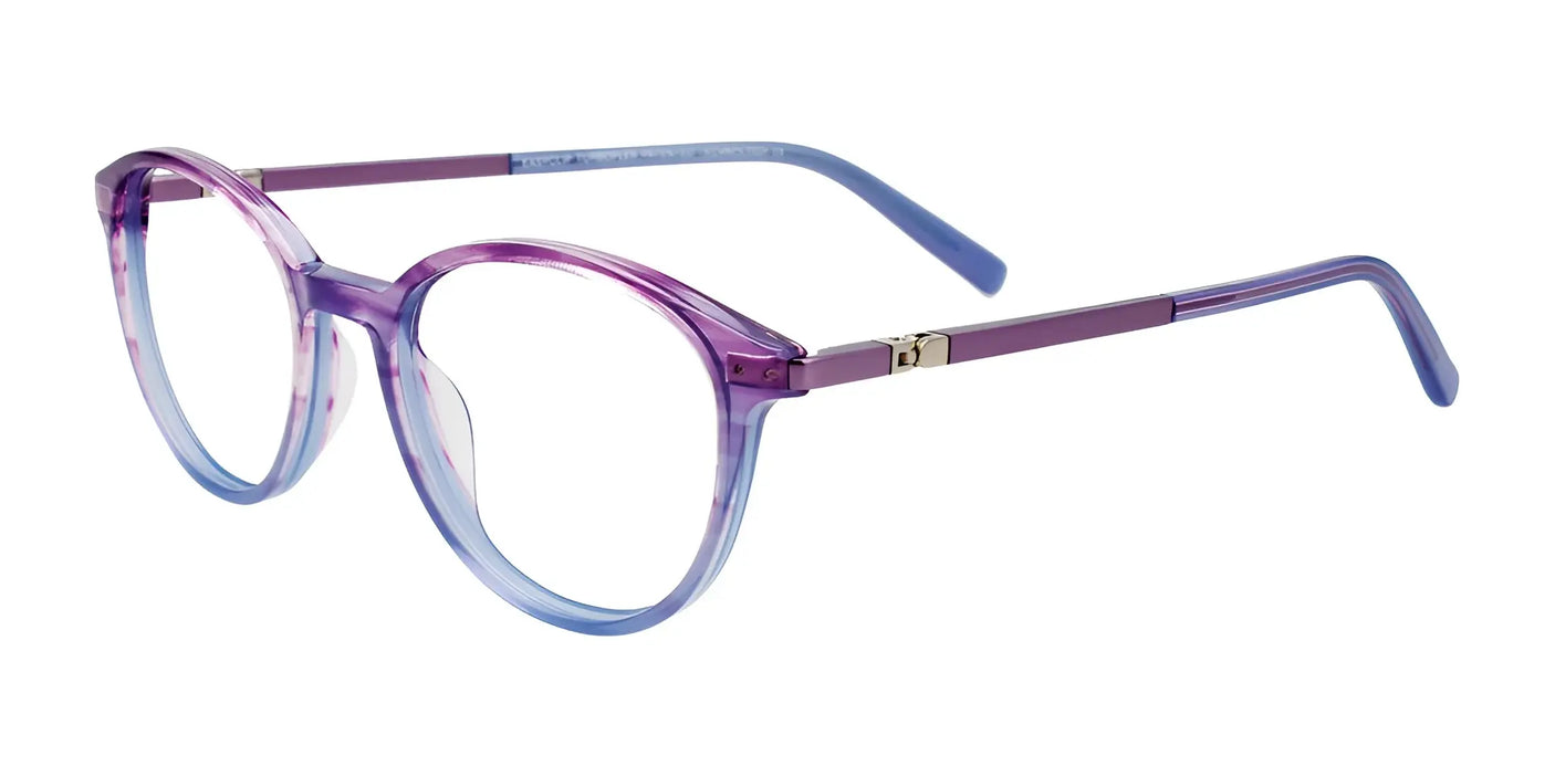 The EasyClip EC581 eyeglasses, available in size 45, boast a stylish full-rim design with a striking gradient of lilac and blue complemented by round frames and sleek, thin arms.