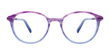 The EasyClip EC581 Eyeglasses | Size 45 by EasyClip boast round lenses with a stylish gradient transition from purple to blue on the frame, all displayed against a clean white background. These durable and fashionable glasses are designed to accommodate your prescription needs.