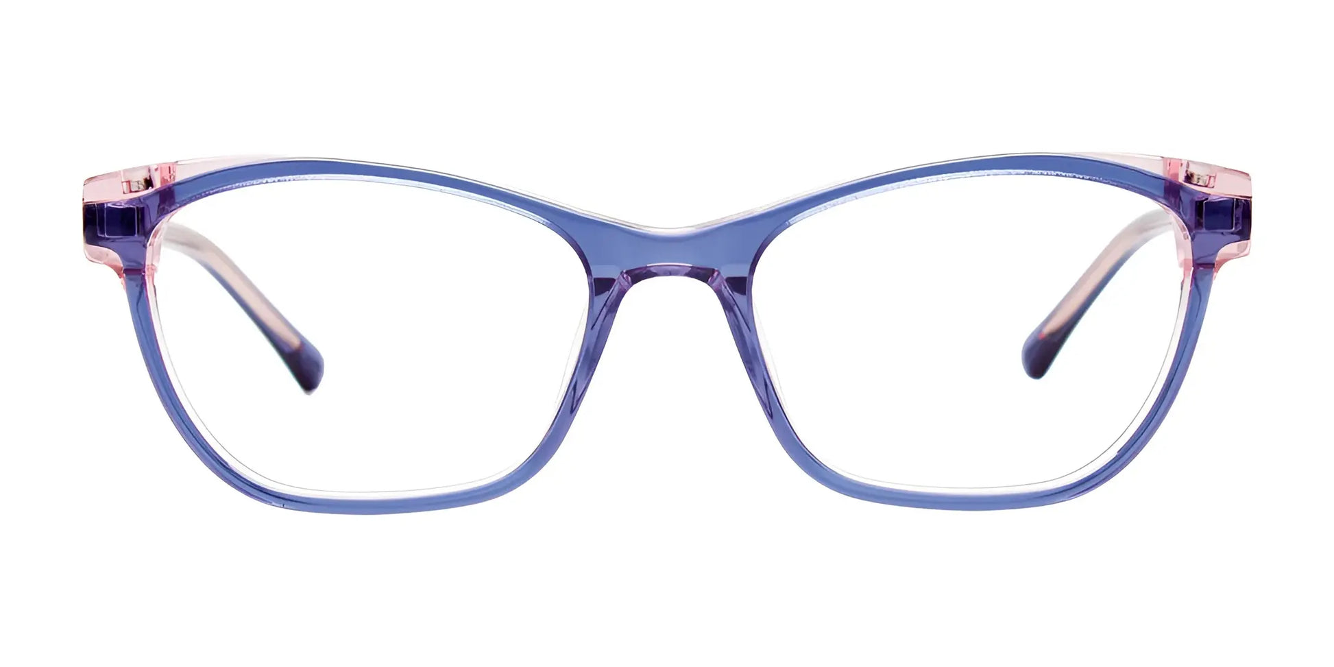 Explore the chic EasyClip EC582 eyeglasses with clip-on sunglasses, boasting blue and pink rectangular frames. These adaptable glasses seamlessly switch to sunglasses for unmatched convenience, presented on a pristine white background. Perfect for complementing any style!