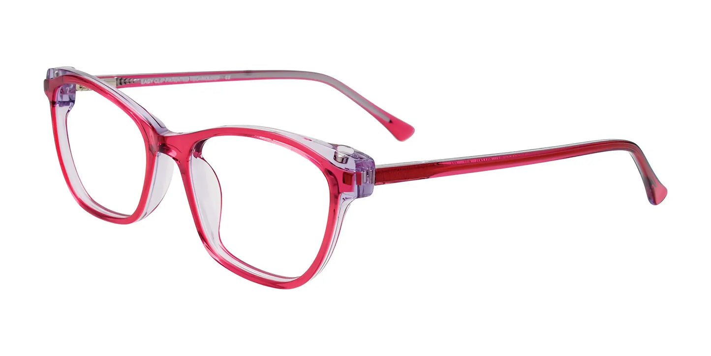 Red and clear EasyClip EC582 eyeglasses with sleek rectangular frames, side view.