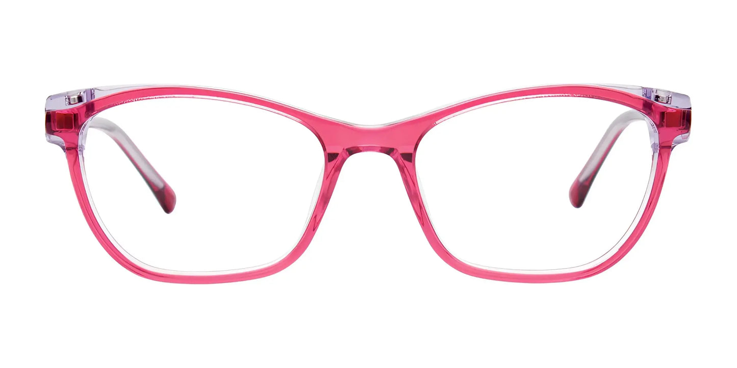 The EasyClip EC582 eyeglasses showcase a cat-eye frame design in pink. Seen from the front, they include EasyClip technology for seamless integration with clip-on sunglasses.