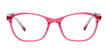 The EasyClip EC582 eyeglasses showcase a cat-eye frame design in pink. Seen from the front, they include EasyClip technology for seamless integration with clip-on sunglasses.