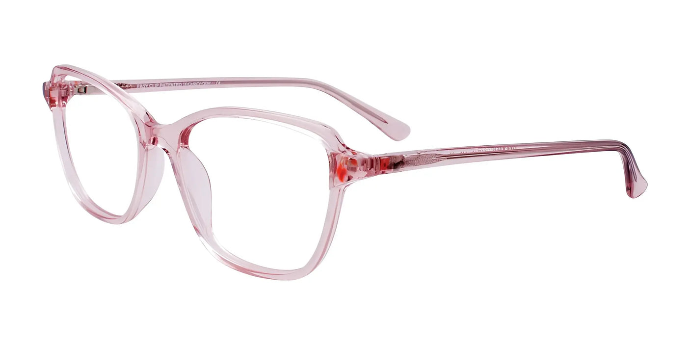 The EasyClip EC585 Eyeglasses in pink, featuring a rectangular frame and shown from a side angle against a white background, offer the innovative EasyClip Eyeglasses design for added versatility.