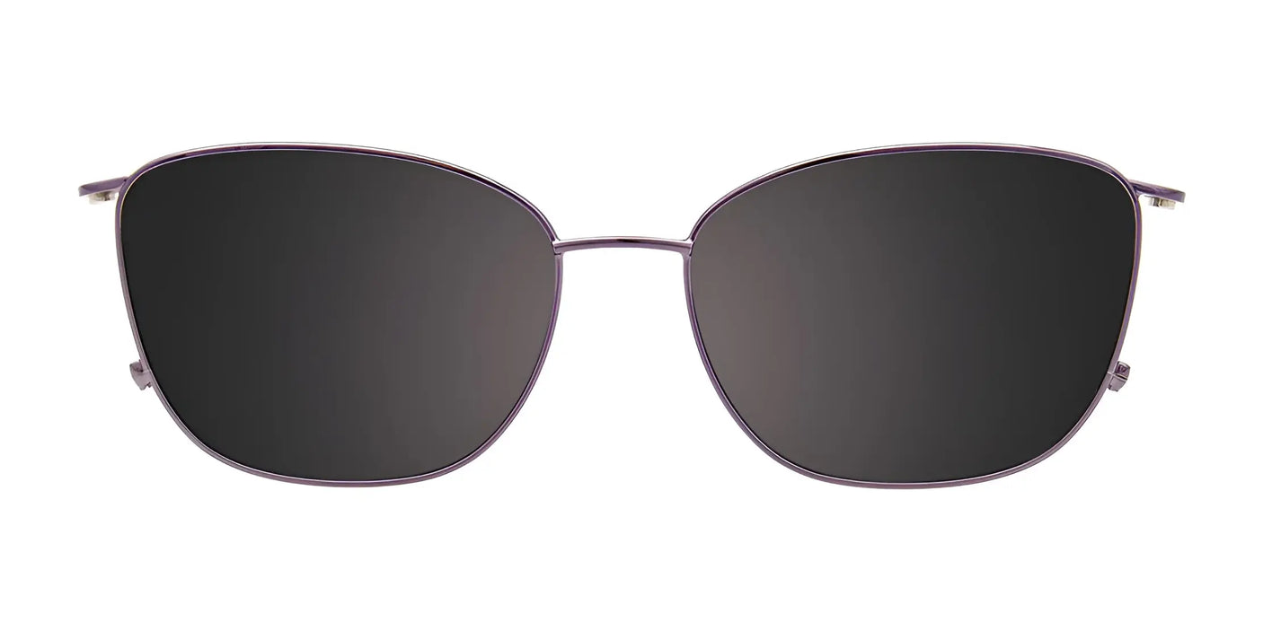 EasyClip EC585 eyeglasses with clip-on sunglasses featuring black polarized lenses and a thin purple frame with large square lenses, showcased against a white background.