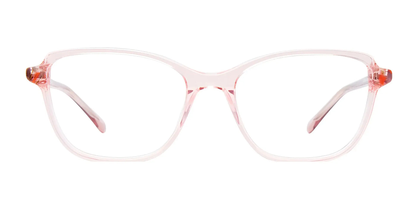 The EasyClip EC585 eyeglasses with clip-on sunglasses, featuring pink transparent rectangular frames, are showcased elegantly against a white background, merging style with functionality.