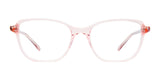 The EasyClip EC585 eyeglasses with clip-on sunglasses, featuring pink transparent rectangular frames, are showcased elegantly against a white background, merging style with functionality.