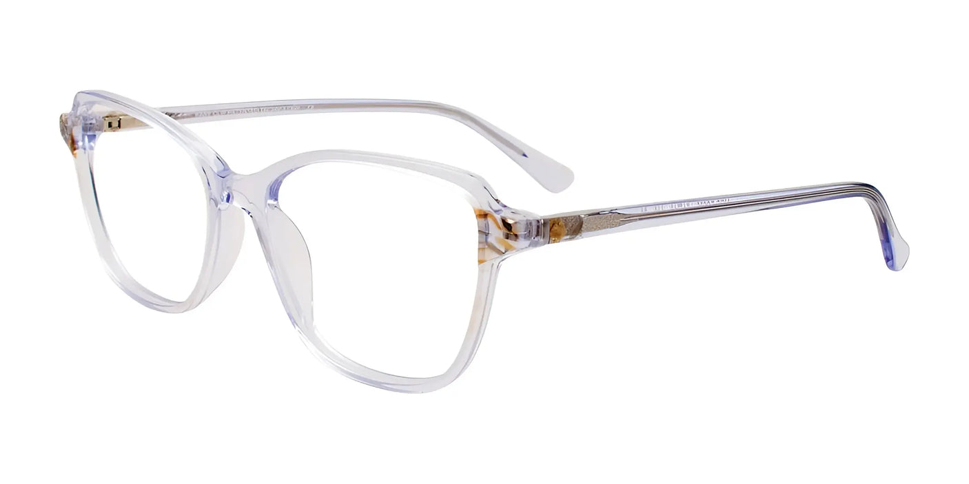 The EasyClip EC585 Eyeglasses | Size 54, featuring clear frames with a subtle brown accent on the sides, provide versatility with their convenient clip-on sunglasses option.