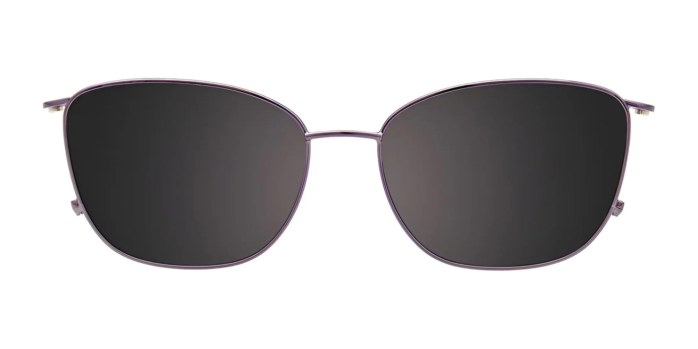 A pair of EasyClip EC585 eyeglasses with thin metal frames, featuring clip-on sunglasses in sleek black, displayed against a white background.