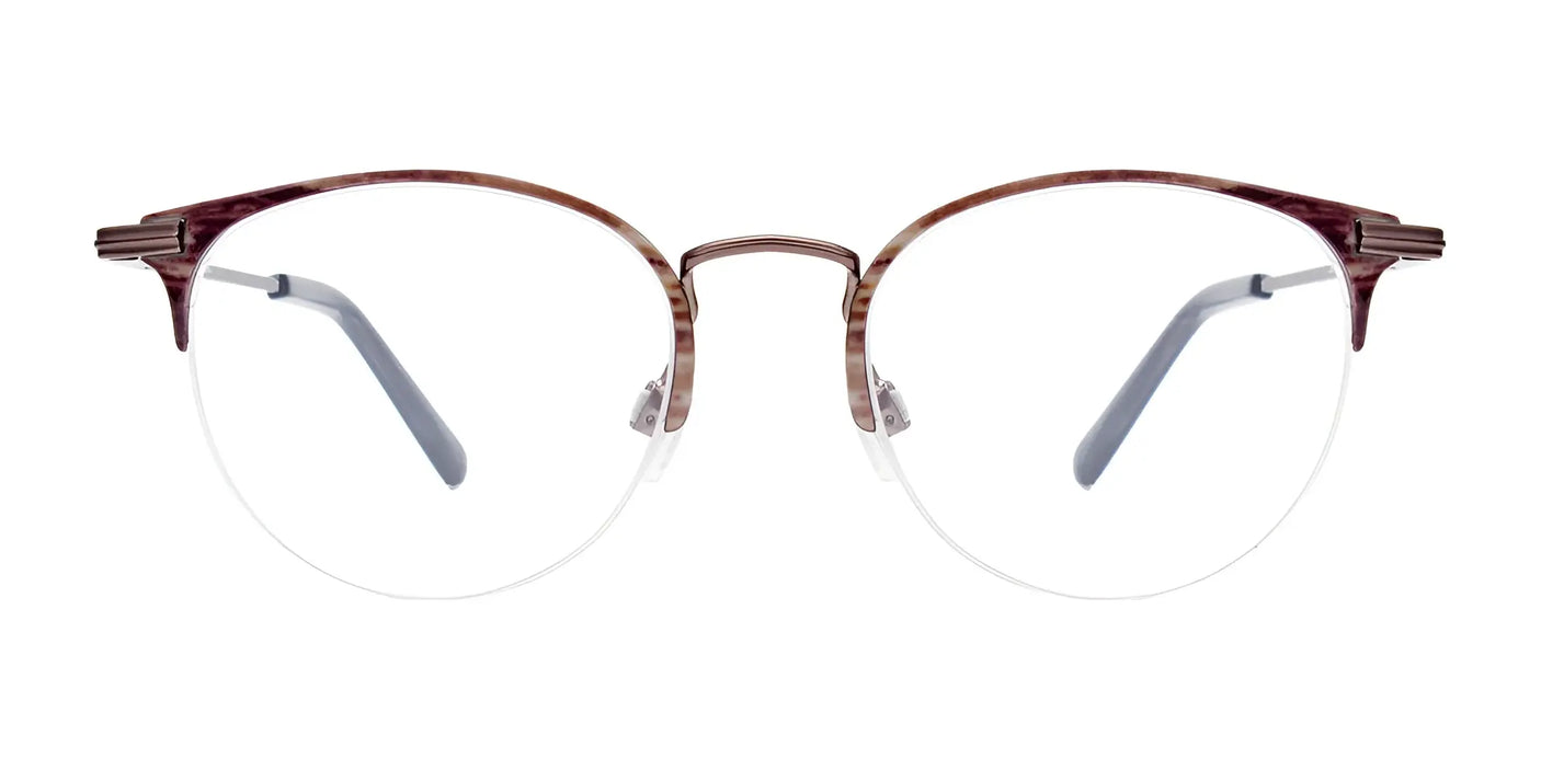 The EasyClip EC587 Eyeglasses feature a thin metal frame and clear lenses in a round design, viewed from the front, and can effortlessly transform into stylish eyewear using the included clip-on sunglasses.