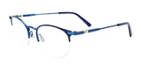 The EasyClip EC587 Eyeglasses with Clip-on Sunglasses, featuring a chic blue metal rim coupled with clear nose pads and delicate thin temples, create a versatile style when paired with the included sunglasses clip. Perfectly captured from an angle against a white background, these glasses offer both functionality and fashion.