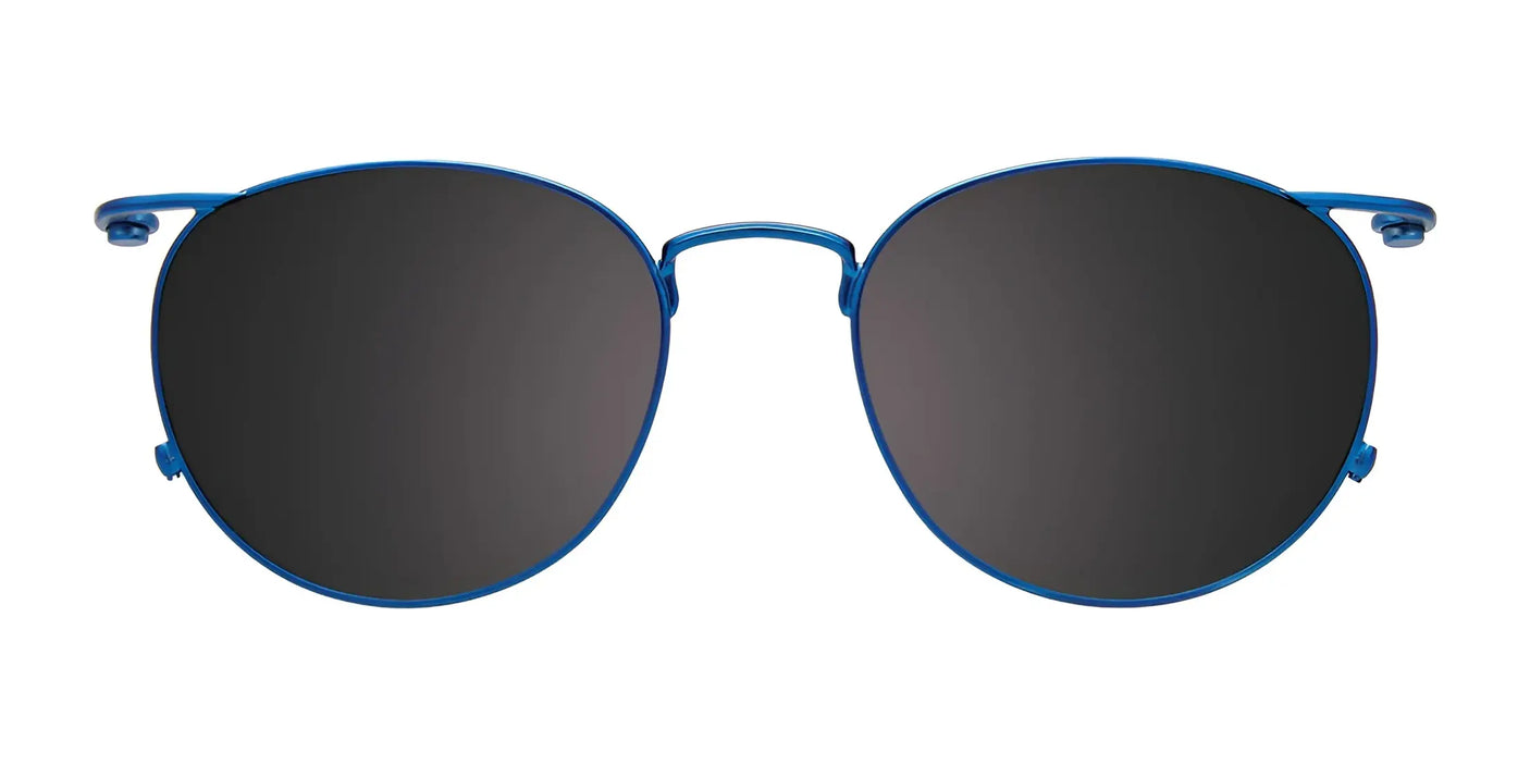 EasyClip's EC587 Eyeglasses with Clip-on Sunglasses, featuring subtle blue rims and polarized black lenses, rest on a white background, exuding an effortlessly cool vibe.