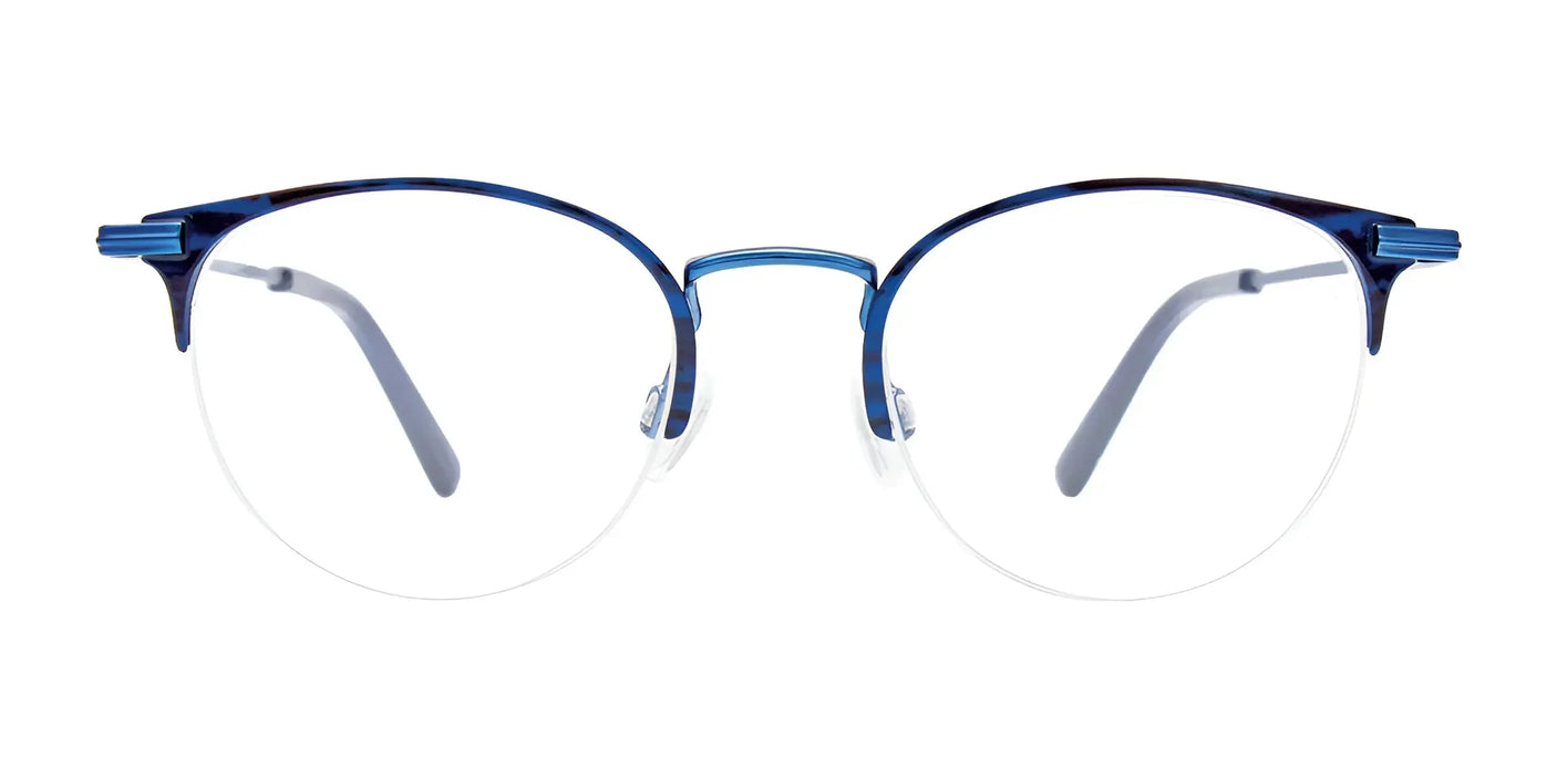 EasyClip EC587 eyeglasses, featuring round blue metal frames with thin construction and clear lenses, come with clip-on sunglasses for enhanced versatility, all shown on a white background.